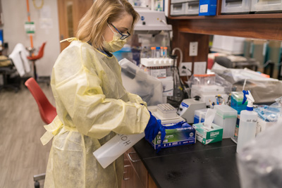 Nicole Iovine, M.D., Ph.D., cleans surfaces in her lab after testing samples from a clinical trial of the effects of the drug remdesivir on patients fighting COVID-19. — © University of Florida, Photo by Louis Brems