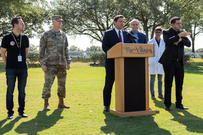 Gov. Ron DeSantis spoke at the COVID-19 drive-thru testing site that UF Health set up at the polo fields at The Villages®. — © University of Florida, Photo by Jesse S. Jones